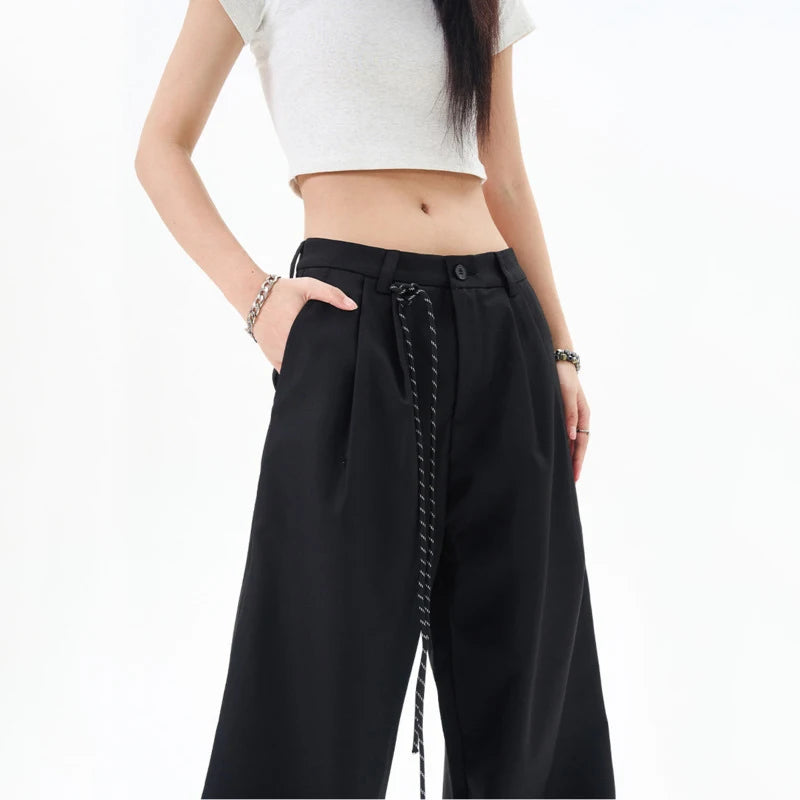 Male Suit Pants Double Pleated Drawstring Design Straight Leg Trousers New Trendy Wide Leg Solid Color Trousers 9W1201