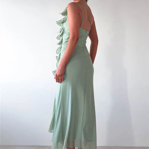 Load image into Gallery viewer, One Shoulder Draped Ruffle Maxi Dress Women Gown Fashion Diagonal Collar Backless Sleeveless Split Long Dress Elegant
