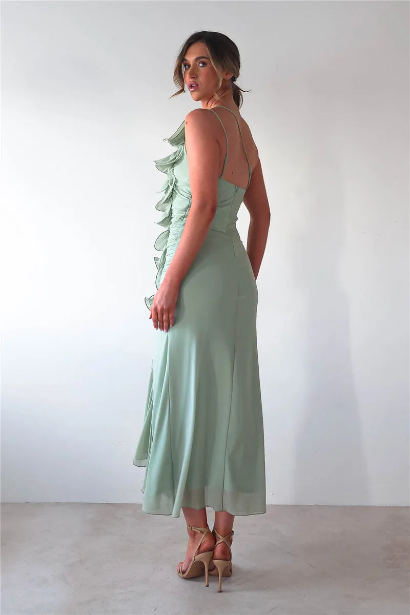 One Shoulder Draped Ruffle Maxi Dress Women Gown Fashion Diagonal Collar Backless Sleeveless Split Long Dress Elegant