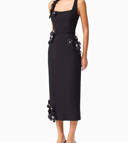 Slimming Spliced 3D Flower Elegant Dresses for Women Suqare Neck Sleeveless High Waist Long Dress Female Clothing