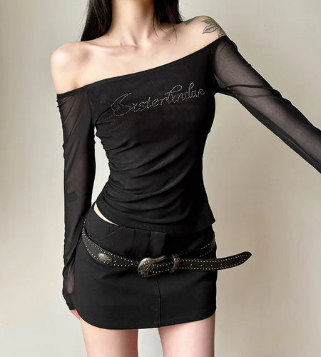 Vintage Slash Neck Diamond Letter Tshirts Streetwear Gauze Slim Fairy Tees Women Y2k Aesthetic Irregular Grunge T-shirts Sexy