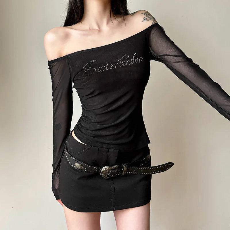 Vintage Slash Neck Diamond Letter Tshirts Streetwear Gauze Slim Fairy Tees Women Y2k Aesthetic Irregular Grunge T-shirts Sexy