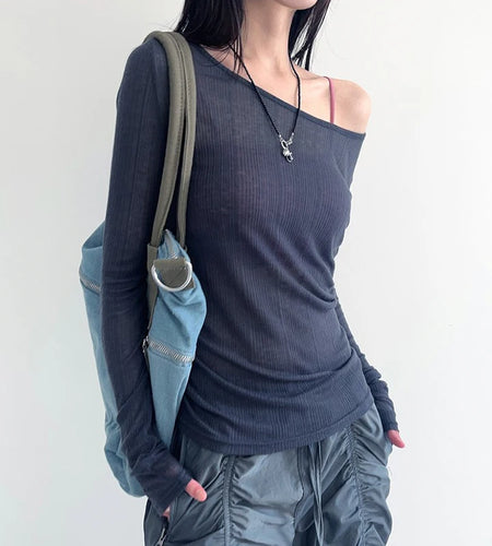 Harajuku Basic Knit Women T-shirt Long Sleeve Thin Backless Korean Style Top Tee All-Match Solid Pullover Transparent