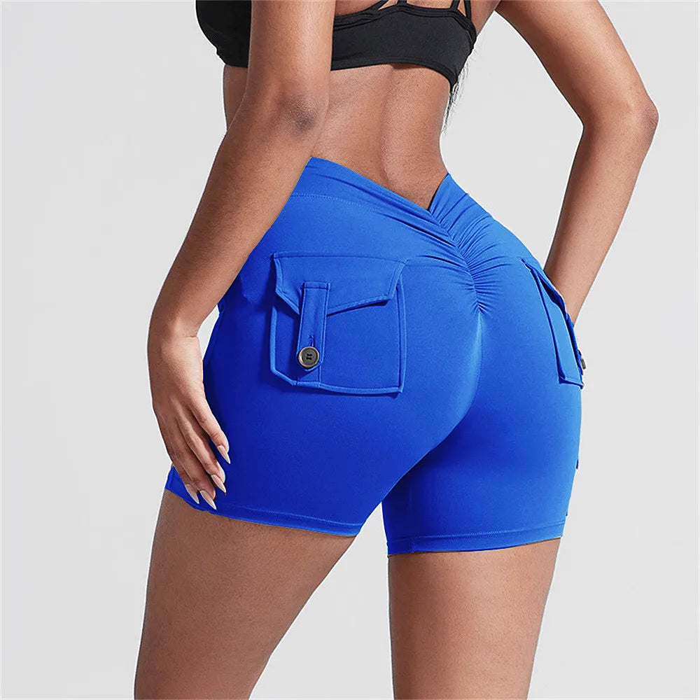 Deep V Back Yoga Shorts Women Pocket Scrunched Butt Gym Leggings High Waist Push Up Tights Sexy Booty Sports Shorts Fitness