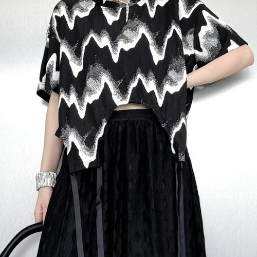 Load image into Gallery viewer, Women Black Striped String Big Size Short T-shirt New Round Neck Short Sleeve Fashion Tide Spring Summer 2025 1DJ0168
