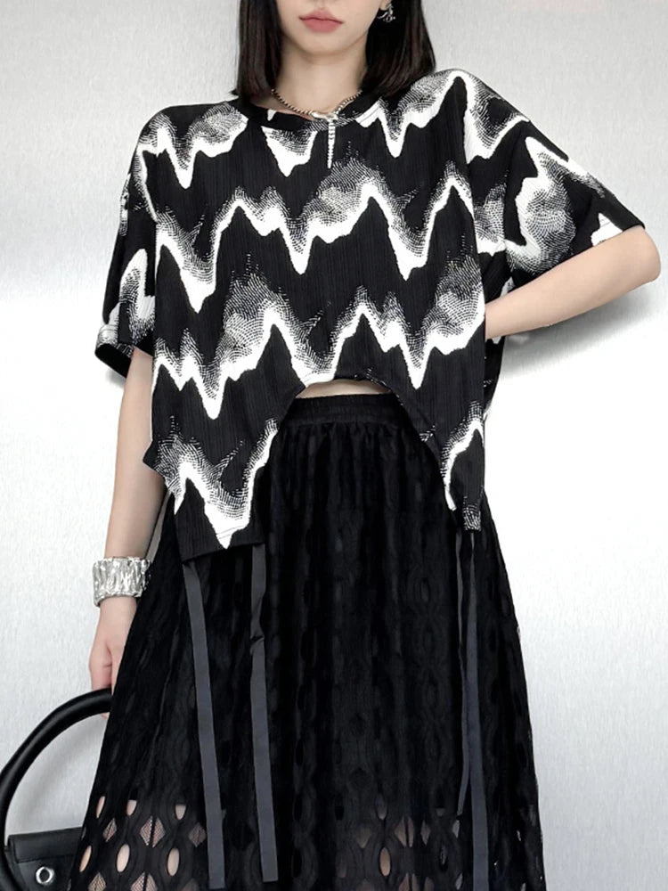 Women Black Striped String Big Size Short T-shirt New Round Neck Short Sleeve Fashion Tide Spring Summer 2025 1DJ0168