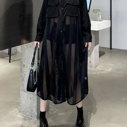 Load image into Gallery viewer, Women Army Green Mesh Color-block Big Size Long Shirt Dress New Lapel Long Sleeve Fashion Tide Spring Autumn 2025 1DH6066
