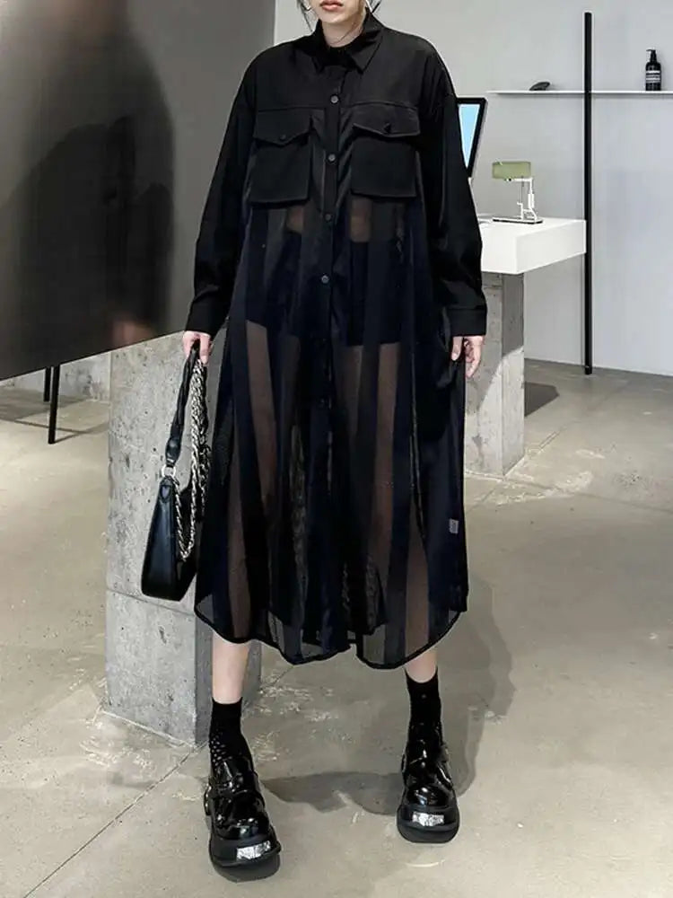 Women Army Green Mesh Color-block Big Size Long Shirt Dress New Lapel Long Sleeve Fashion Tide Spring Autumn 2025 1DH6066