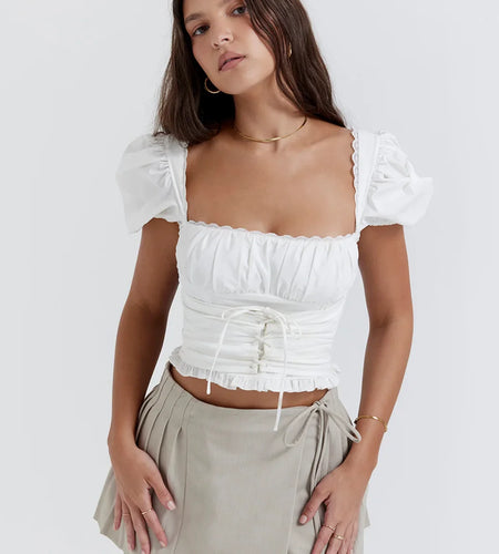 Summer White Crop Top Y2k Mini Cute Lace Up Puff Sleeve Tops Casual Holiday Vacation Blouse Women Tops 2023