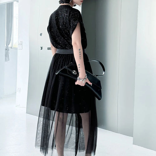 Load image into Gallery viewer, Black Sequins Dress Mesh Skirt Two Pieces Suit New Round Neck Short Sleeve Women Fashion Tide Spring Summer 2025 1DJ1153
