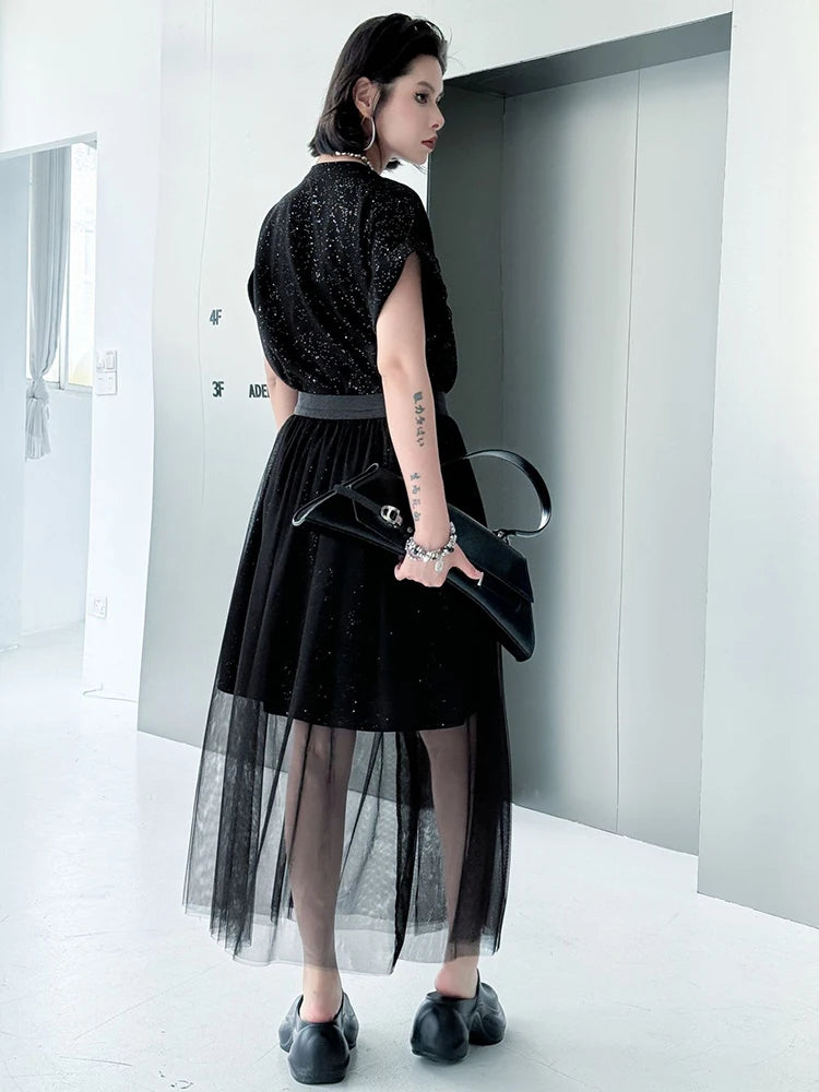 Black Sequins Dress Mesh Skirt Two Pieces Suit New Round Neck Short Sleeve Women Fashion Tide Spring Summer 2025 1DJ1153