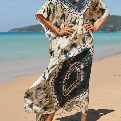 Load image into Gallery viewer, Colorful Kaftan Tunic Beach Cover Up Cover-ups Beach Dress Beach Wear Beachwear Loose Maxi Dress Female Women V4428
