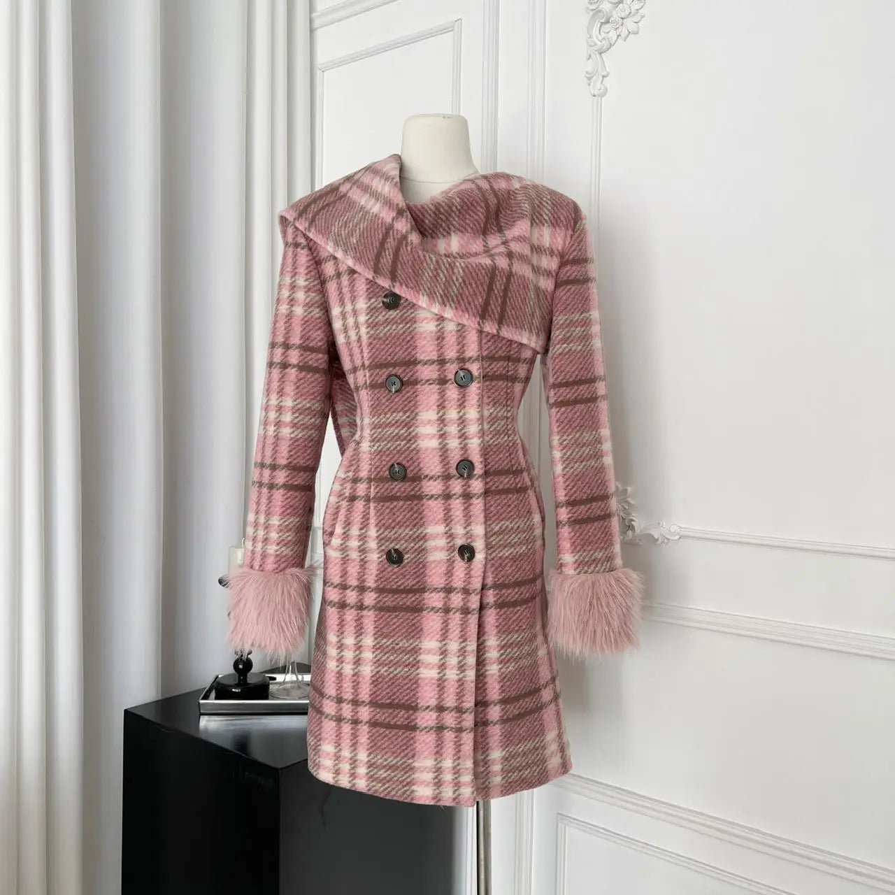 Vintage Winter Pink Plaid Elegant Big Scarf Collar Double Breasted Woolen Coat Women Korean Fashion Elegant Slim Long Jacket New