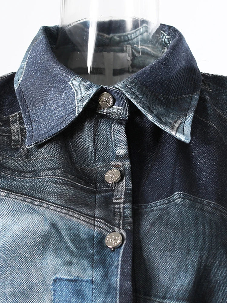 Blue Denim Printed Mesh Big Size Casual Jacket New Lapel Long Sleeve Women Coat Fashion Tide Spring Autumn 2025 7AB9030