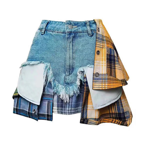 Load image into Gallery viewer, Colorblock Asymmetrical Denim Skirts For Women High Waist Spliced Button High Street Skinny Skirts Female Fashion
