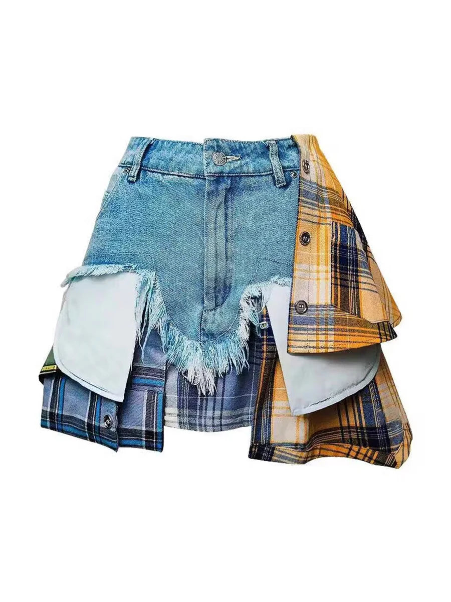 Colorblock Asymmetrical Denim Skirts For Women High Waist Spliced Button High Street Skinny Skirts Female Fashion