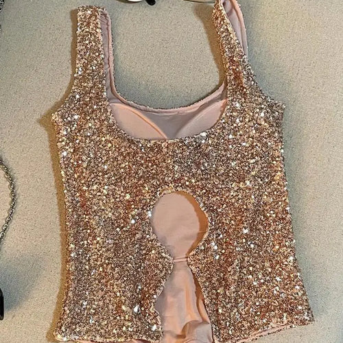 Load image into Gallery viewer, Vintage Black Beige Sequins Round Neck Backless Vest Women&#39;s 2024 Summer New Fashion Pink Elegant Sleeveless Tank Tops Vacation
