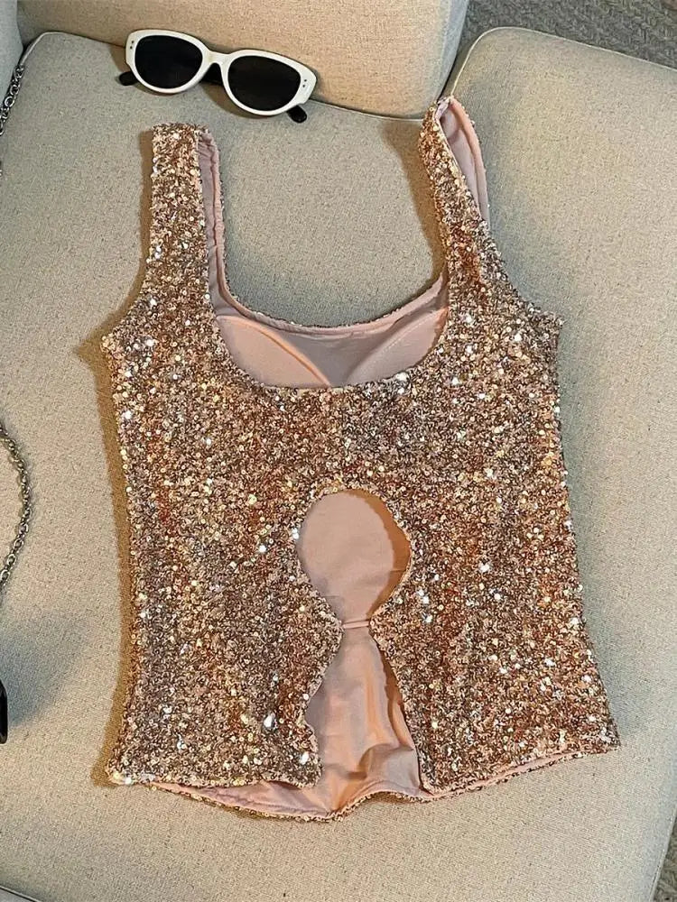 Vintage Black Beige Sequins Round Neck Backless Vest Women's 2024 Summer New Fashion Pink Elegant Sleeveless Tank Tops Vacation