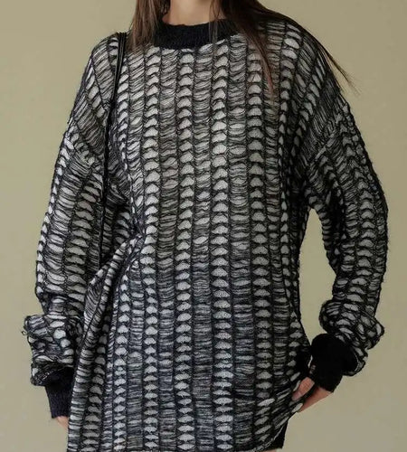 Blue Thin Hollow Out Knit Sweater Round Neck Long Sleeve Women Pullovers New Fashion Tide Spring Autumn 2025 1DH4489