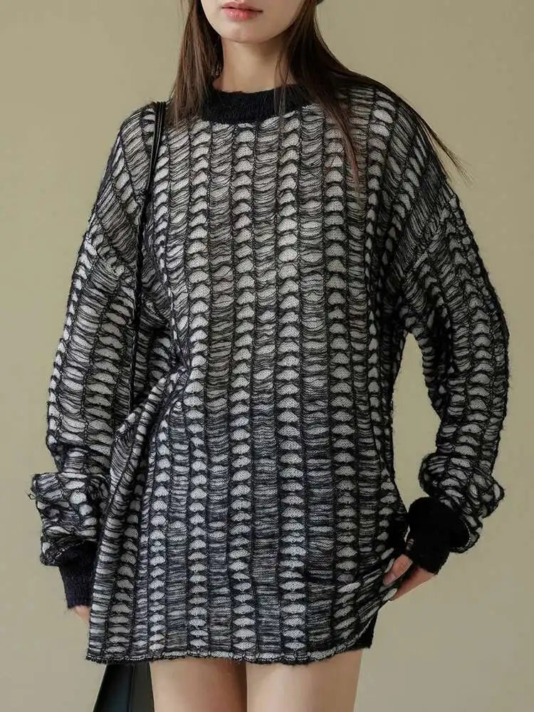 Blue Thin Hollow Out Knit Sweater Round Neck Long Sleeve Women Pullovers New Fashion Tide Spring Autumn 2025 1DH4489