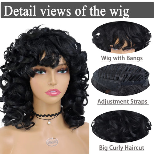 Load image into Gallery viewer, Synthetic Black Women Wig Short Curly Afro Wig With Bangs Soft Fluffy Curls Big Wave Shoulder African American Wig Curl
