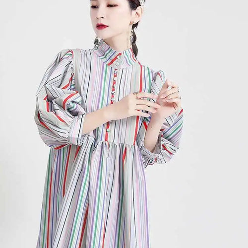 Load image into Gallery viewer, Women Striped Spliced Long Shirt Dress New Stand Collar Three-quarter Sleeve Loose Fit Fashion Spring Autumn 2025 1DE0219
