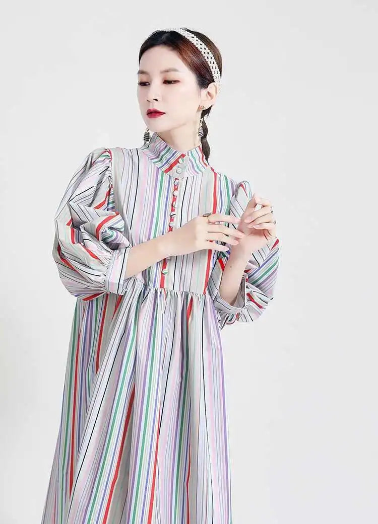 Women Striped Spliced Long Shirt Dress New Stand Collar Three-quarter Sleeve Loose Fit Fashion Spring Autumn 2025 1DE0219