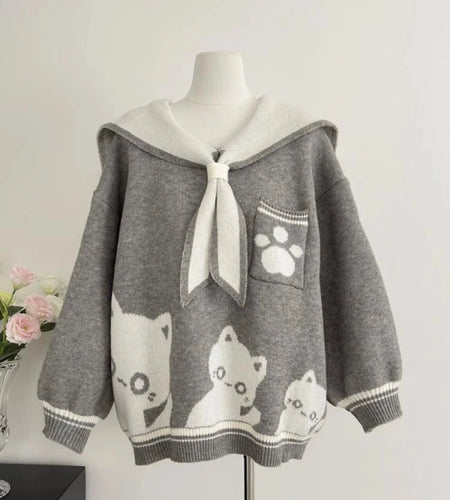 Preppy Style Grunge Kawaii Cute Cat Jacquard Sweaters Women Y2k Aesthetic Casual Loose Jumpers Autumn Contrast Color Pullovers