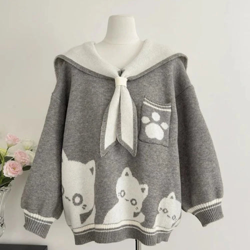 Load image into Gallery viewer, Preppy Style Grunge Kawaii Cute Cat Jacquard Sweaters Women Y2k Aesthetic Casual Loose Jumpers Autumn Contrast Color Pullovers
