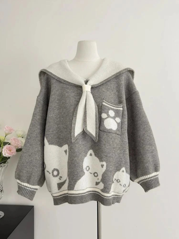 Preppy Style Grunge Kawaii Cute Cat Jacquard Sweaters Women Y2k Aesthetic Casual Loose Jumpers Autumn Contrast Color Pullovers