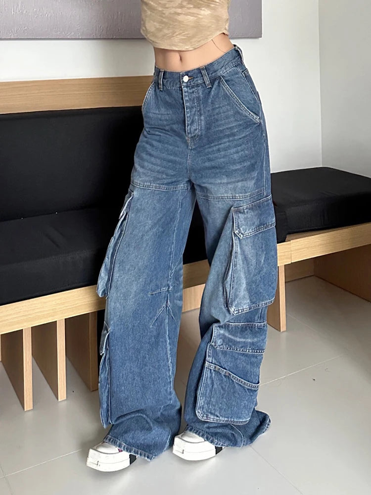 Patchwork Pockets Casual Loose Denim Pants For Women High Waist Spliced Button Streetwear Cargo Jeans Female