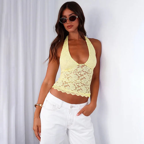 Load image into Gallery viewer, Halter Sleeveless Sexy Crop Tops Women Fashion Deep V Neck Backless Tank Tops Female Elegant Club Skinny Lace Top
