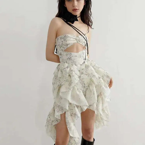 Load image into Gallery viewer, Women Printed Hollow Out Ruffles Mini Irregular Strapless Dress New Sleeveless Fashion Tide Spring Summer 2025 1DH6272
