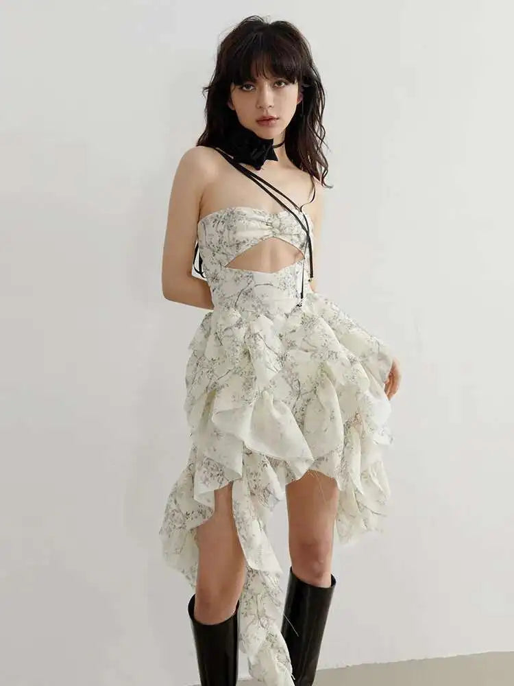 Women Printed Hollow Out Ruffles Mini Irregular Strapless Dress New Sleeveless Fashion Tide Spring Summer 2025 1DH6272