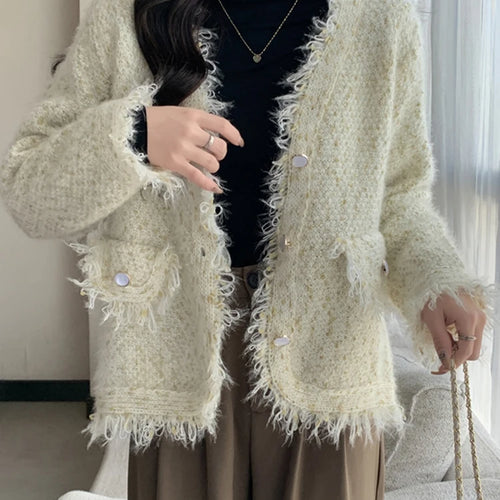 Load image into Gallery viewer, Tassel Knitted Women&#39;s Sweater Autumn Winter Korean New Chic Female Cardigan Coat Woman Beige Sweaters Single-breasted
