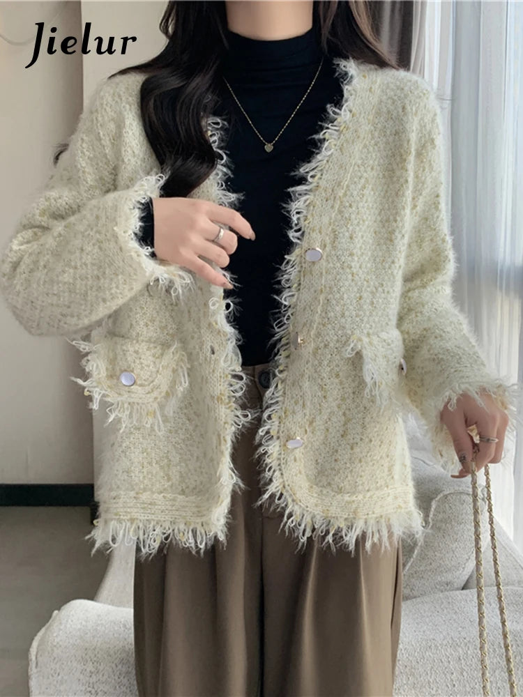 Tassel Knitted Women's Sweater Autumn Winter Korean New Chic Female Cardigan Coat Woman Beige Sweaters Single-breasted