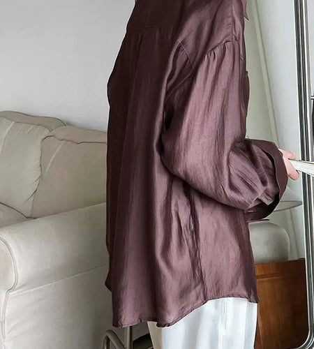 Women Brown Thin Pocket Perspective Big Size Blouse New Lapel Long Sleeve Shirt Fashion Tide Spring Summer 2025 1DH5442