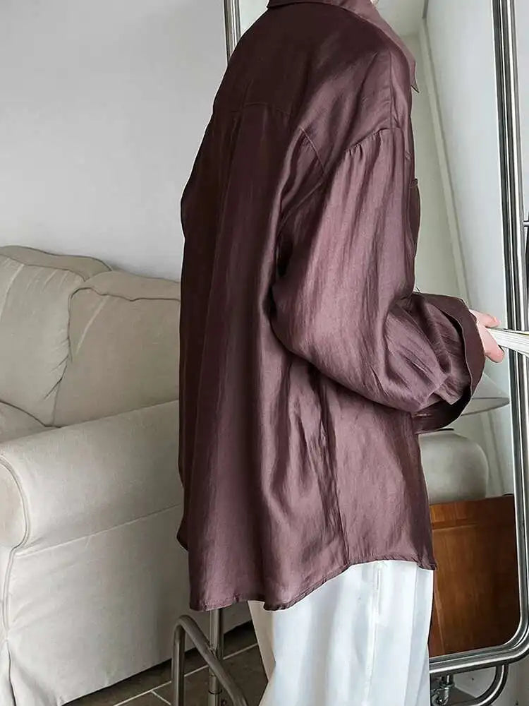Women Brown Thin Pocket Perspective Big Size Blouse New Lapel Long Sleeve Shirt Fashion Tide Spring Summer 2025 1DH5442