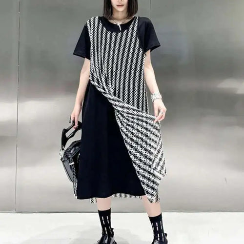 Load image into Gallery viewer, Women Black Irregular Mesh Big Size Casual Midi Dress New Round Neck Short Sleeve Fashion Tide Spring Summer 2025 1DH5415
