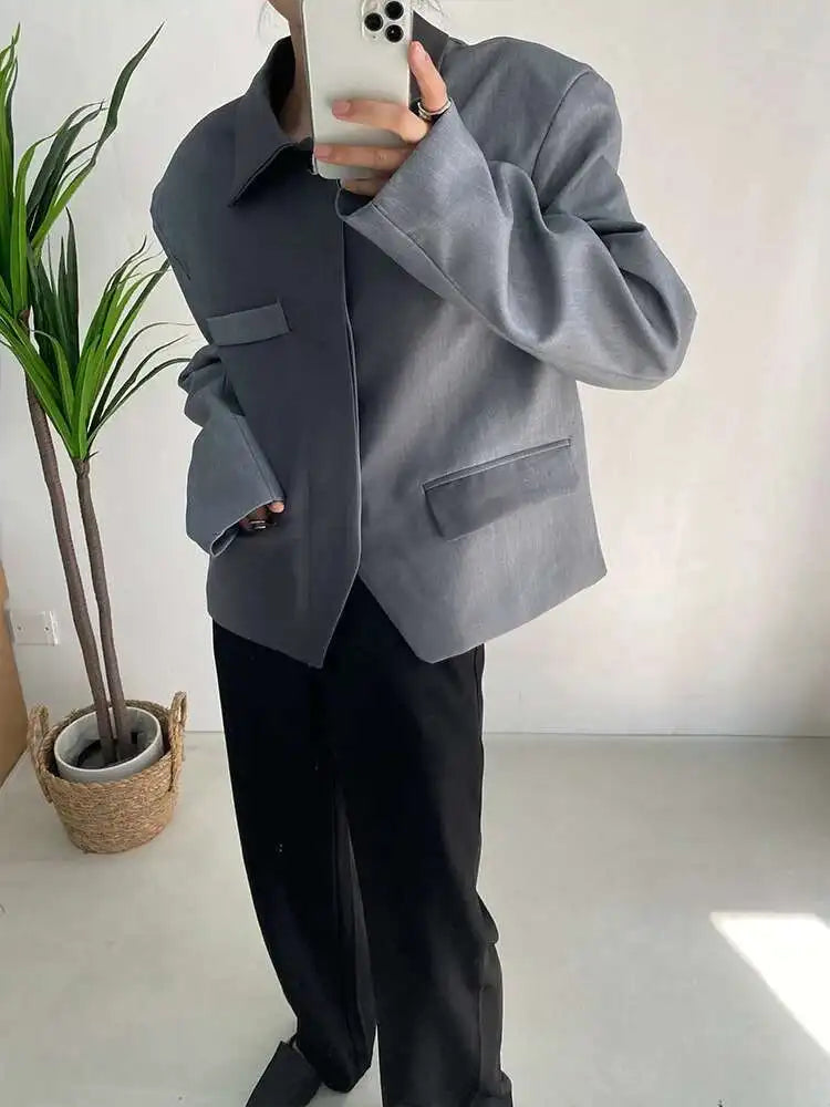 Women Gray Gradual Color Big Size Blazer New Lapel Long Sleeve Loose Fit Jacket Fashion Tide Spring Autumn 2025 1DF1534