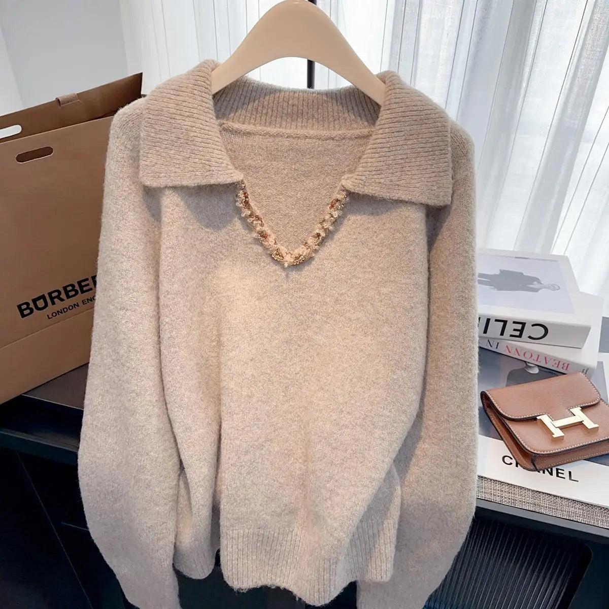 Korean Fashion Autumn Winter Khaki Elegant Pullover Short Sweater Women's 2024 New Purple Long Sleeved Loose Knitted Tops Street