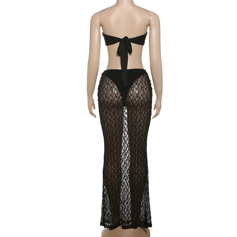 Strapless Sexy Tops And Skirt 2 Pieces Sets Wome Lace Sleeveless Crop Tops And See Through Long Skirt Two Pieces Sets