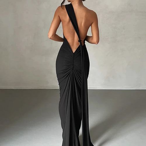Load image into Gallery viewer, One Shoulder Backless Adjustable Scarf Loop Ruched Sexy Maxi Dress 2025 Women Elegant Y2K Streetwear Festival Outfit
