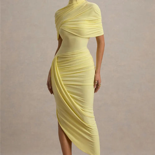 Load image into Gallery viewer, Half Sleeve Backless Ruched Sexy Maxi Dress Women Summer New Turtleneck Slim High Waist Evening Club Party Long Dress
