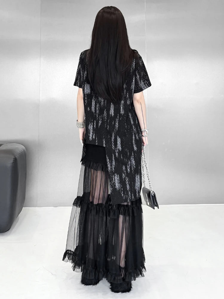 Women Black Grid Irregular Hem Big Size T-shirt New Round Neck Short Sleeve Fashion Tide Spring Summer 2025 1DJ1643