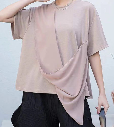 Women White Irregular Pleated Big Size Casual T-shirt New Round Neck Short Sleeve Fashion Tide Spring Summer 2025 1DJ0214