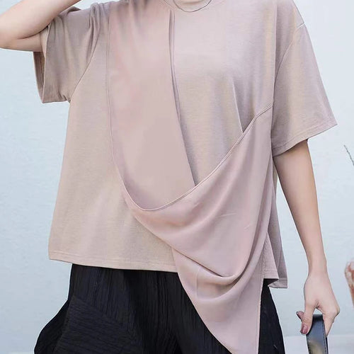 Load image into Gallery viewer, Women White Irregular Pleated Big Size Casual T-shirt New Round Neck Short Sleeve Fashion Tide Spring Summer 2025 1DJ0214
