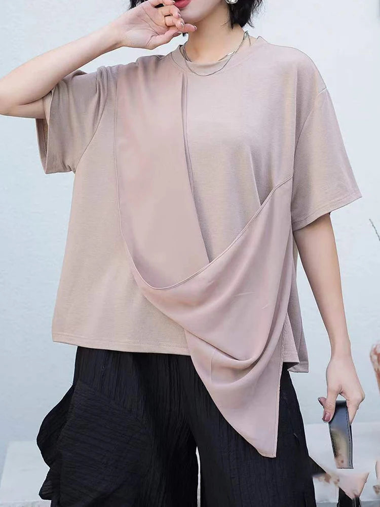 Women White Irregular Pleated Big Size Casual T-shirt New Round Neck Short Sleeve Fashion Tide Spring Summer 2025 1DJ0214