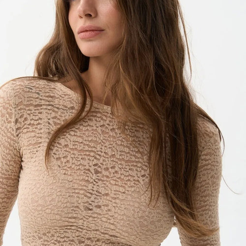 Load image into Gallery viewer, Fashion Long Sleeve Elastic Tight Women Top Round Neck Lace Perspective T-shirt Female Street Autumn/Winter New Clothing
