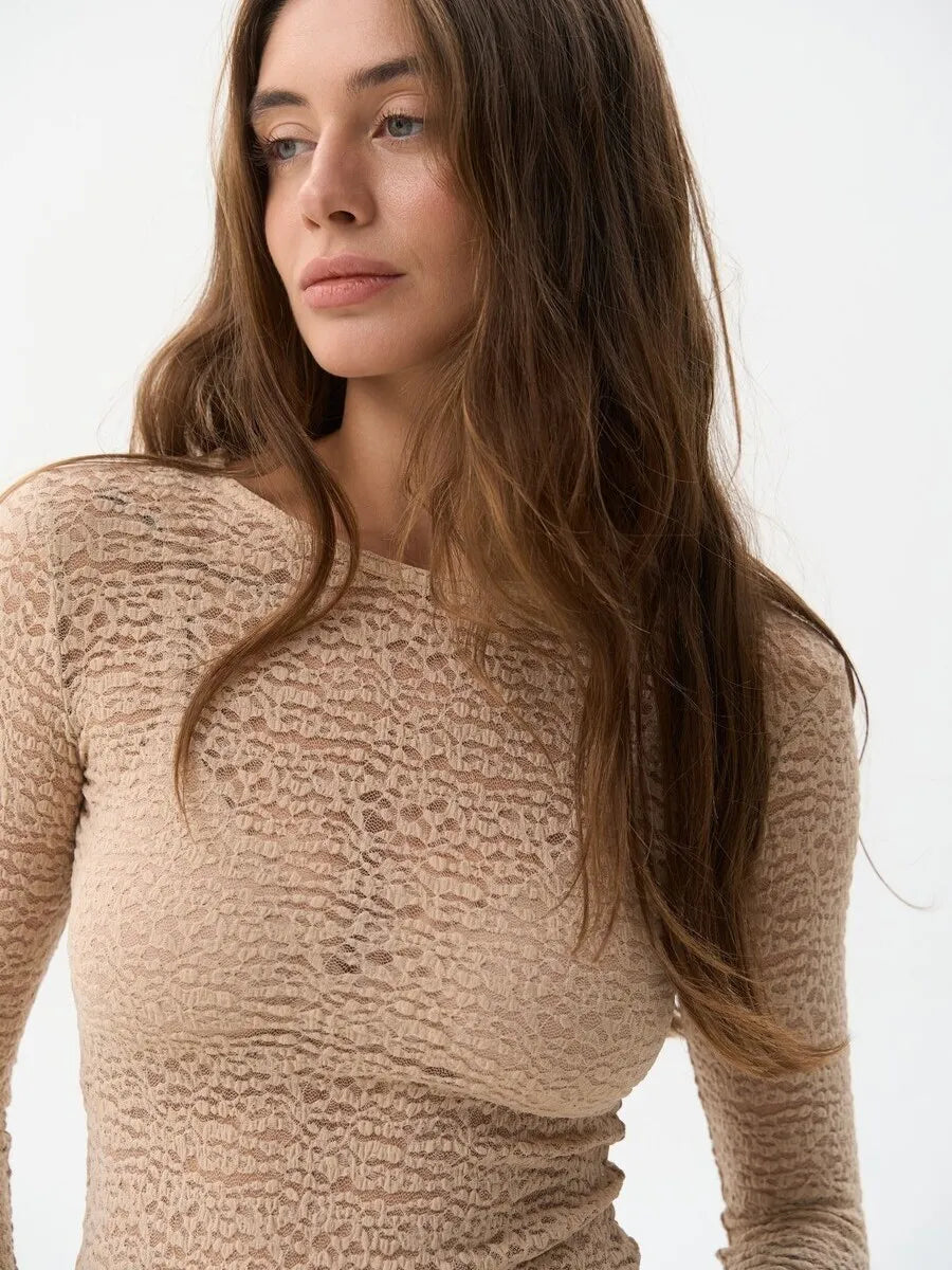 Fashion Long Sleeve Elastic Tight Women Top Round Neck Lace Perspective T-shirt Female Street Autumn/Winter New Clothing